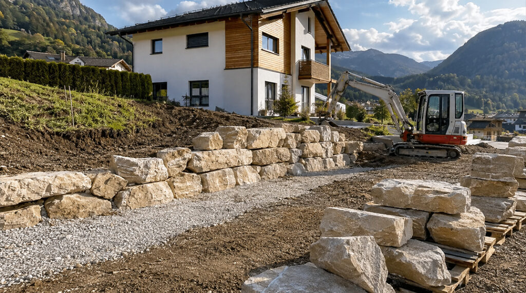 Natursteinmauer vor Einfamilienhaus