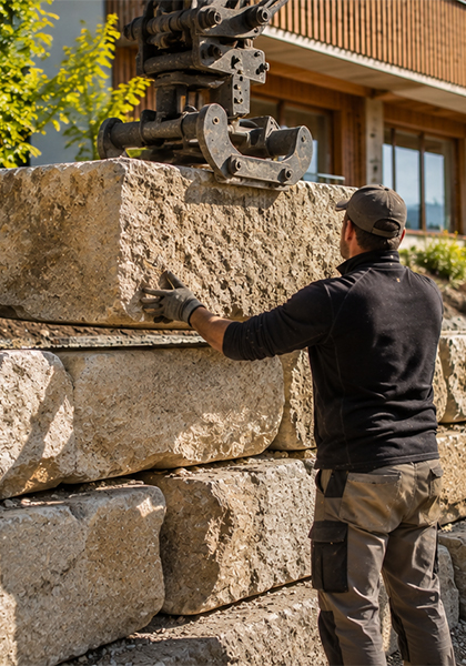 Versetzen eines Natursteins im Gartenbau