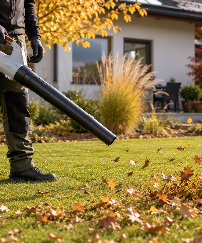Laubblasen im gepflegten Garten